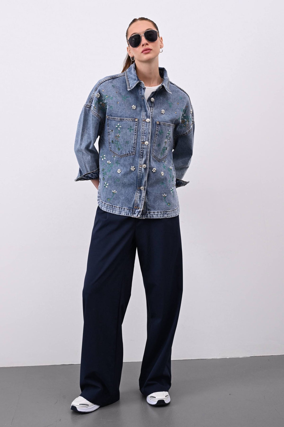 Denim Shirt with Rhinestone Details