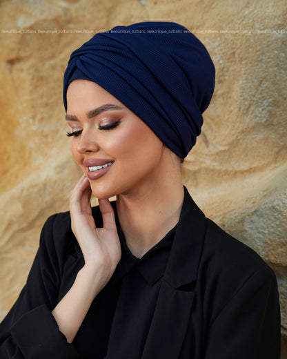 Draped striped cotton turban