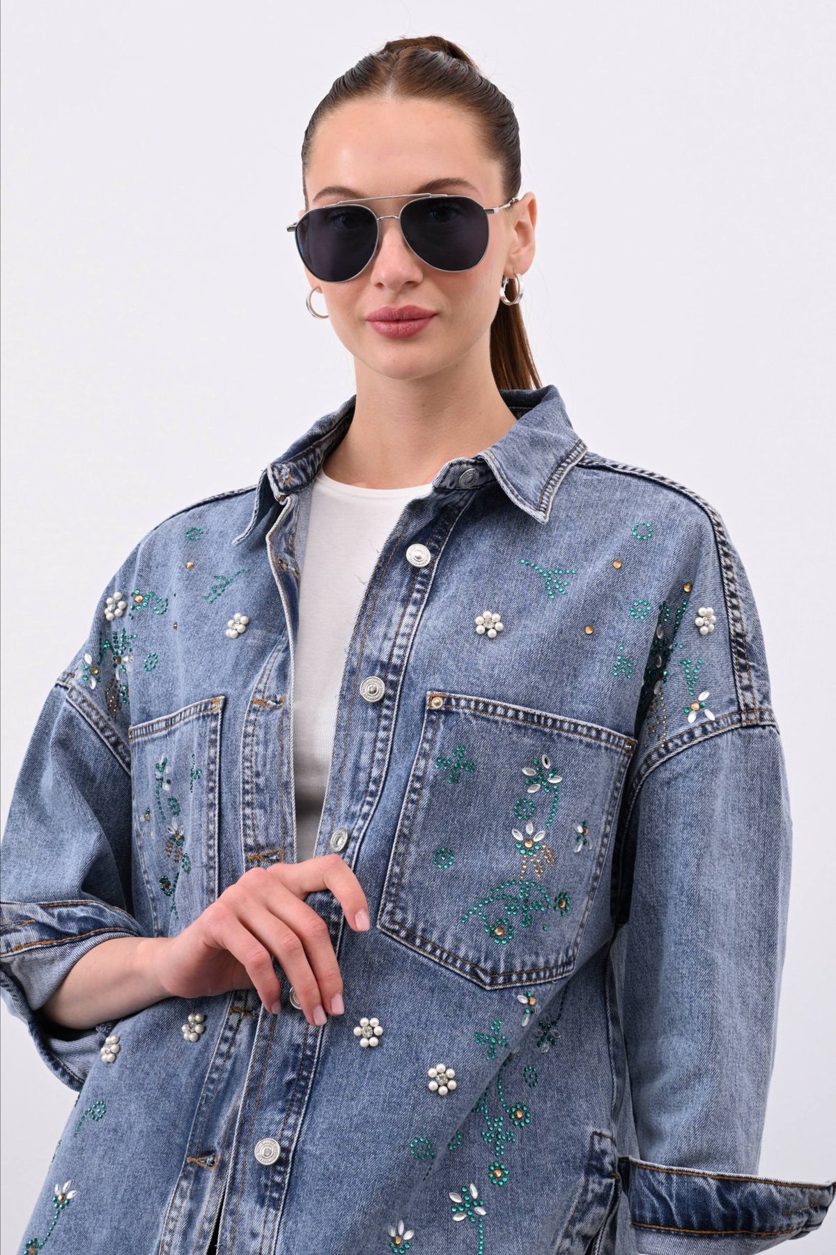 Denim Shirt with Rhinestone Details