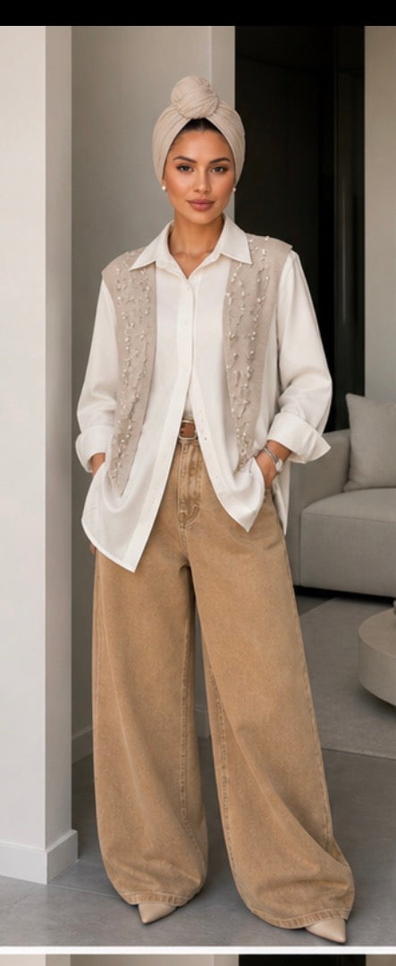 Pearl Detail Contrast Shirt
