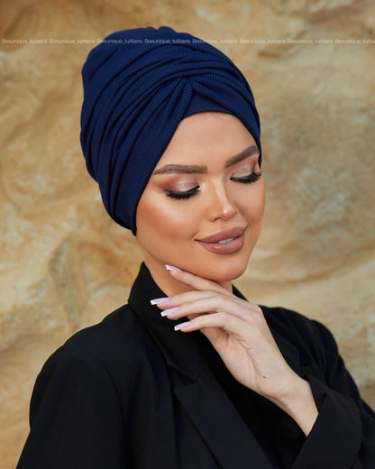 Draped striped cotton turban