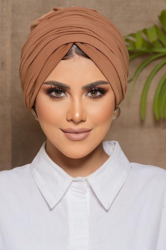 Lycra Draped Turban - Brown Light